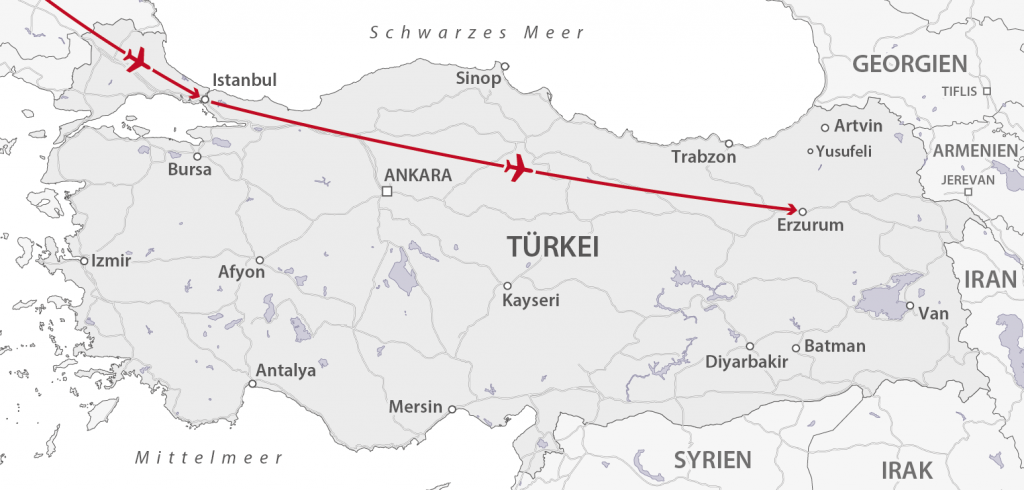 Übersichtskarte der Türkei mit eingezeichnetem Flug von Berlin über Istanbul nach Erzurum.